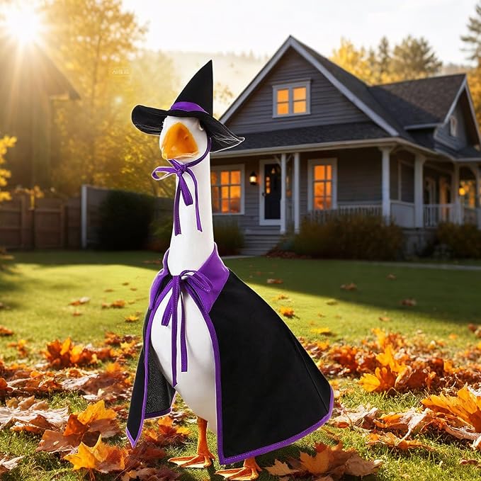 Halloween Porch Goose Outfit Set for 23'' Plastic Statue Lawn Porch Goose Clothes with Cloak Hat Costume for Indoor Outdoor Patio Yard Lawn Art Decor(Purple)