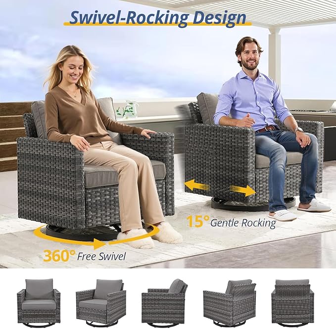 Luxury Outdoor Swivel Rocker Patio Chairs Set of 2, Swivel Patio Chairs for Porch, Yard, Deck, Poolside, Grey/Grey
