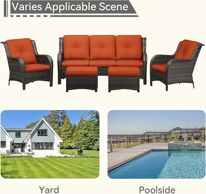 Patio Conversation Set 5-PCS Wicker Outdoor Furniture Conversation Set with 3-Seat Sofa, 2 Armchair, 2 Ottoman Patio Rattan Wicker Sectional Sofa Set with Olefin Cushion, Orange