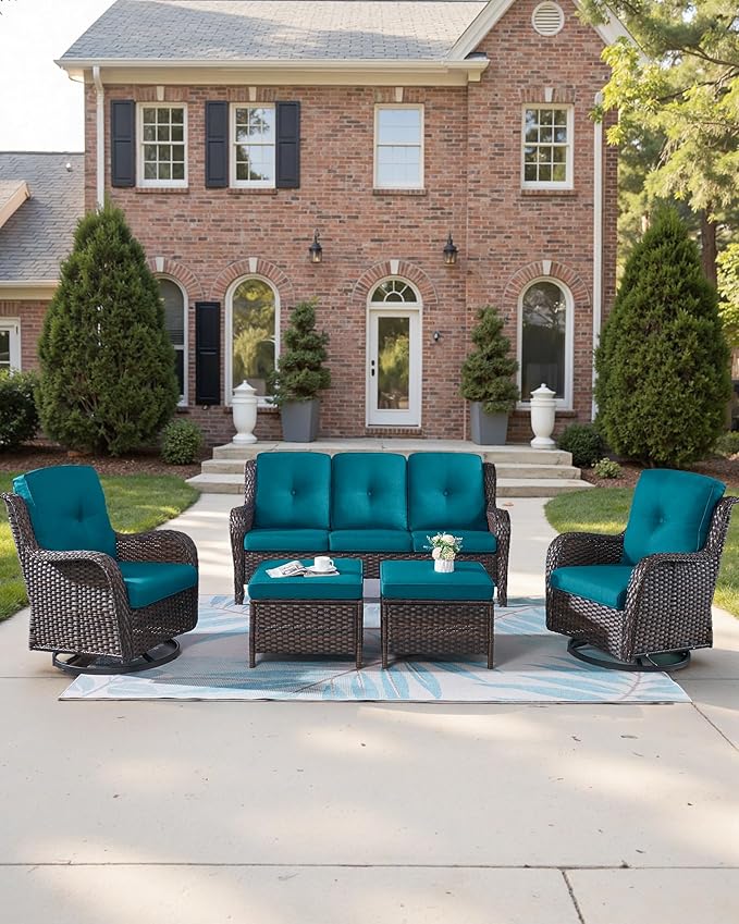 Pop 22x25/22x24 Outdoor Furniture Cushions Set of 6 - Comfortable Patio Chair Cushion for Rattan Wicker Dining Rocking Chairs Loveseat Couch L-Shape Sectional Sofa - Peacock Blue/Button