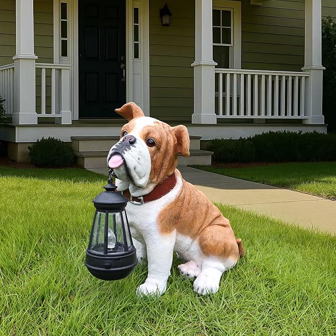 English Bulldog Outdoor Dog Statue with Flip-Over “Welcome/ON Patrol” Plaque and Solar Path Lantern, Brown & White Sitting Puppy for Porch & Lawn