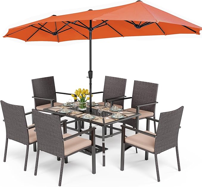 PHI VILLA 7 Pieces Outdoor Dining Set with Umbrella for 6, Rectangular Wood-Top Metal Table & Wicker Chairs with Cushions & 13ft Red Umbrella, Modern Dining Furniture Set for Patio,Deck,Backyard