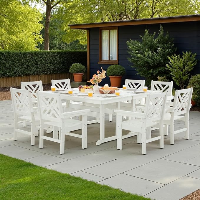 10 Piece HDPE Outdoor Dining Set for 8, Patio HDPE Furniture Set with 2 Table and Umbrella Hole, Outdoor Table and Chairs for Garden, Poolside, Backyard, Deck