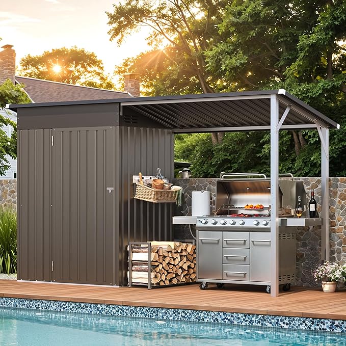 AECOJOY 10x4FT Metal Lean to Shed with Open-Sided Pergola, 5x3 FT Outdoor Storage Shed & 5x3 Attached Hardtop Gazebo Combo, 30 Sq.Ft Covered, 2-in-1 Small Sheds & Outdoor Storage for Patio