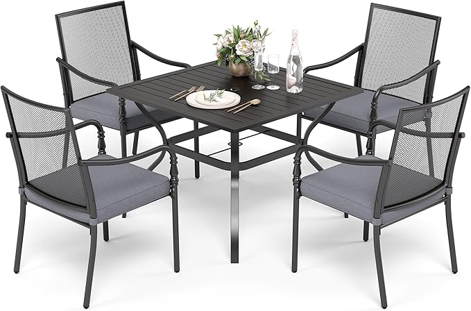 HERA'S HOUSE Metal Patio Table and Chairs Set for 4, Outdoor Dining Set 5 Pieces, 37" Square Table with Elegant Cushioned Armrest Chairs for Garden Backyard with 1.57" Umbrella Hole