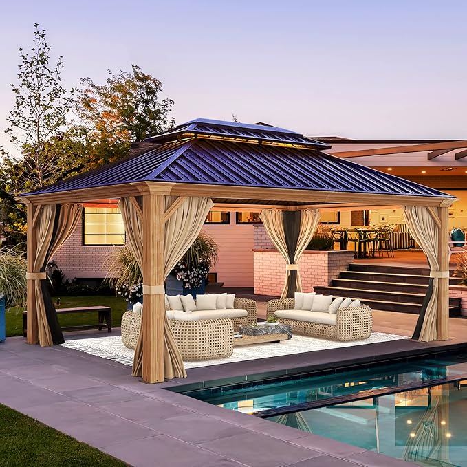 YOLENY 12'x16' Hardtop Gazebo, Wood Grain Aluminum Frame Outdoor Gazebo with Double Galvanized Steel Roof, Permanent Metal Pavilion with Curtains and Nettings for Patio, Backyard, Deck and Lawns