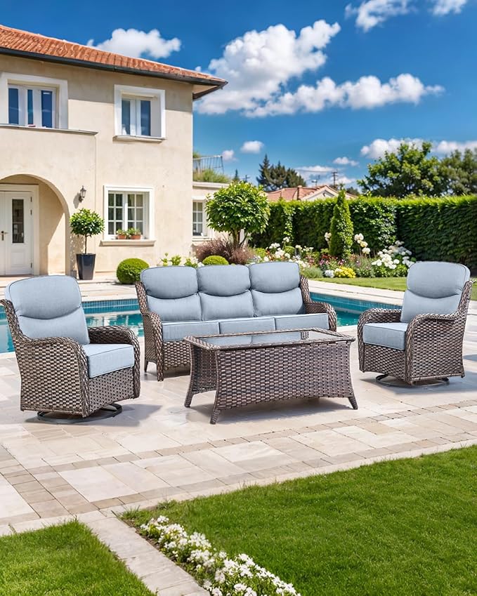 Luxury 22x24/22x25 6-Inch Smile Patio Dining Chair Cushions Set of 4 - Heavy Duty Water Slashproof Outdoor Seat Cushion for Outside Furniture Swivel Chairs Loveseat L-Shape Sofa - Baby Blue