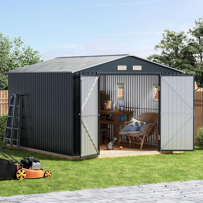 10x10 FT Outdoor Metal Storage Shed, Double Swing Doors, 2 Clear Windows,Tool Shed for Garden, Patio, Backyard Nightblue
