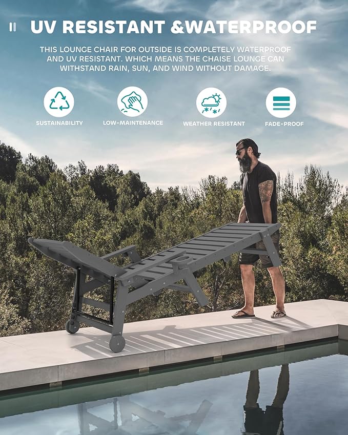 SERWALL Patio Chaise Lounge Chair Set of 4, 5 Positions Adjustable Poly Outdoor Lounge Chair for Pool, HDPE Lounge Chair with Rolling Wheels & Cup Holder for Poolside, Deck, Slate Gray