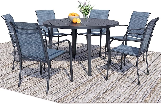 7 Pieces Round Dining Table Set for 6, Patio Dining Set Includes 6 Blue Stackable Patio Chairs and 1 Black Round Table Set of 6, Patio Furniture Sets with Sling Support for Outside, Garden
