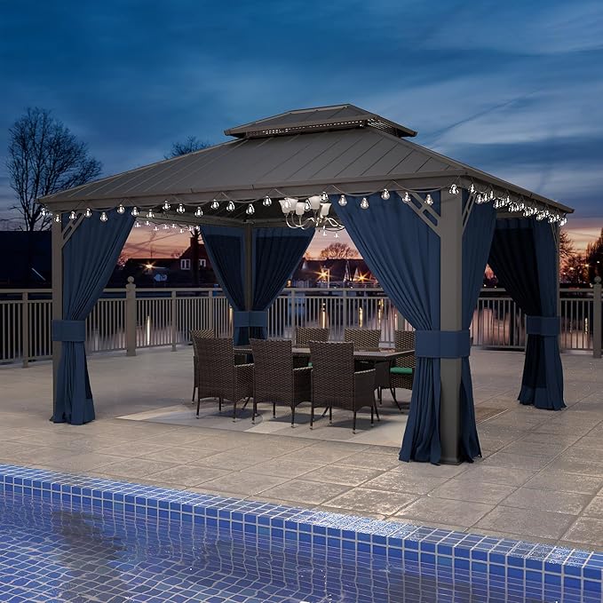 Gotland 12' x 14' Navy Hardtop Gazebo with Curtains and Netting, Double Roof Iron Metal Pergola for Patio, Garden, Lawn