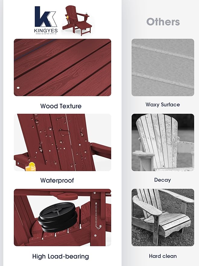 KINGYES Folding Adjustable Adirondack Chair with Ottoman & 2 Cup Holders Set of 2, HDEP Reclining Adirondack Chair with Footrest, Red