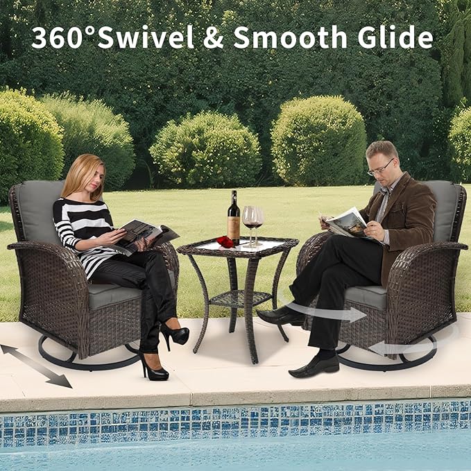 3 Pieces Patio Furniture Set, Outdoor Swivel Rocking Chair Set of 2 with Side Table - 360° Swivel, Thick Cushions, All-Weather Bistro Set for Deck, Porch, Pool (Grey, Brown Full-Weave Rattan)