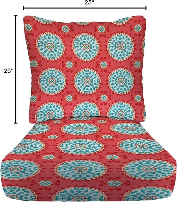 RSH DECOR: Deep Seating Cushion with Pillow Back | 25” x 25” Seat | Water and Fade-Resistant Spun Fabric | Outdoor Chair Cushion Set for Patio Furniture | Watermelon Sundial