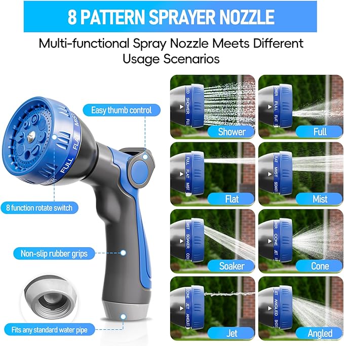 SPECILITE Garden Hose 25ft, 3-Layer Flexible Water Hose with 8 Pattern Spray Nozzle, Non-Expanding & Lightweight Stainless Steel Hose for Yard, Lawn, Outdoor-Leak Proof, No-kink & Tangle-free