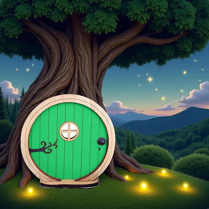 1Pc Fairy Garden Door for Tree, Fairys Doors for Trees Outdoor and Tree Trunk, Mini Fairy Garden Sculpture Lawn Ornament Decor, Fairys Tales Door Decoration,Gardens Miniatures (Green)