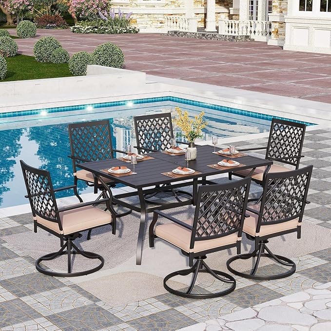 PHI VILLA 7 Pieces Outdoor Dining Set for 6, 60" Rectangle Metal Steel Table with Umbrella Hole & Swivel Wrought Iron Chairs with Cushions, Large Furniture Set for Patio, Deck, Porch, Yard