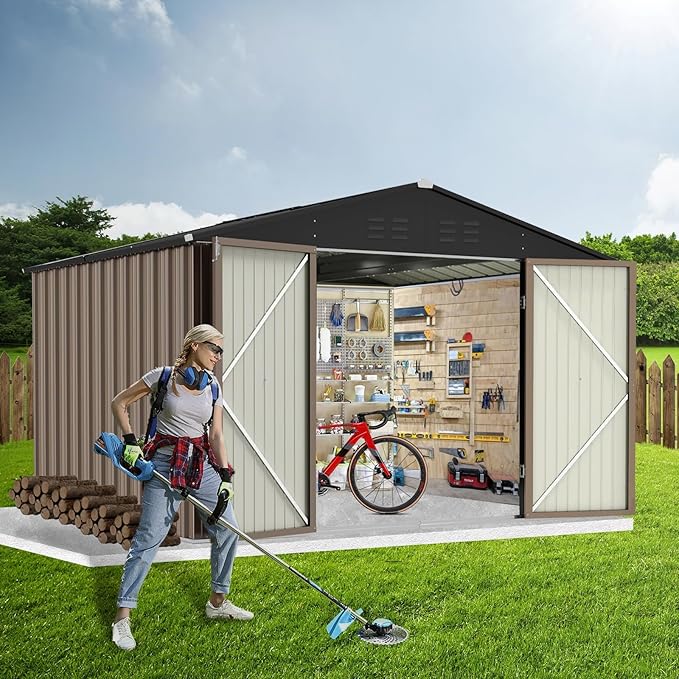 8X8FT Metal Outdoor Storage Shed - Galvanized Steel Waterproof Garden Shed with Lockable Doors & Vents, All-Weather Utility Tool Shed for Lawn Mower, Bike