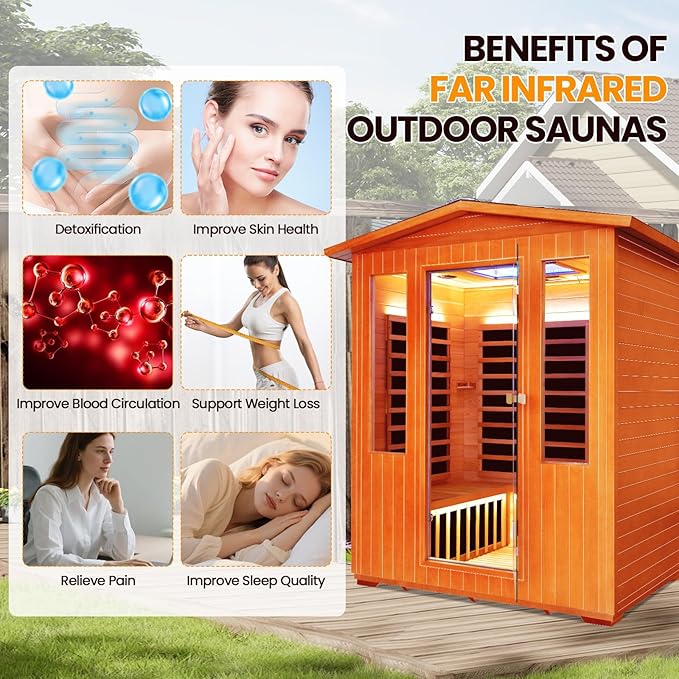 4 Person Outdoor Sauna Far Infrared Saunas Dry Sauna Room Wood Wooden Sauna Outdoor and Red Cedar Low EMF 2600W/240V with Oxygen Bar, 7 Color Light, Control Panel, Speaker - 62.2 * 46.9 * 81.9 in