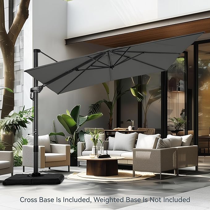 PHI VILLA 9'x 12' Cantilever Patio Umbrella with Crank Handle, 6-Level Tilt & 360° Rotation, Aluminum Square Outdoor Offset Umbrella Windproof & Crashproof for Garden, Deck, Pool (Grey)
