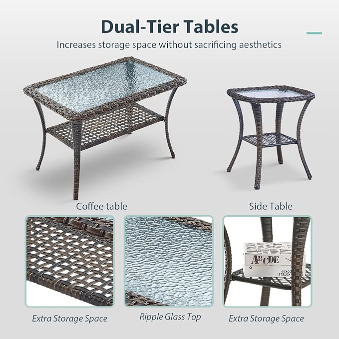 7 Piece Patio Furniture Set - Wicker Patio Conversation Set with Swivel Glider, 3 Seat Sofa, 2 Ottomans, Glass Side Table and Coffee Table for Deck Backyard - Brown Wicker Beige Cushion