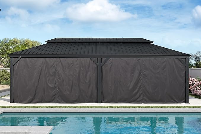 PURPLE LEAF 12' X 28' Large Hardtop Gazebo Aluminum Gazebo with Galvanized Steel Double Roof for Patio Lawn and Garden, Curtains and Netting Included Grey