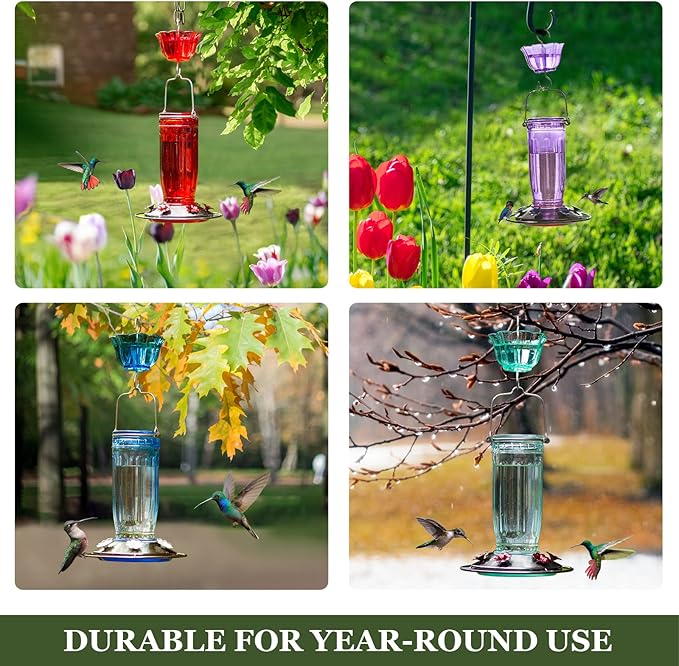 Kingsyard 2 Pack Glass Hummingbird Feeder for Outdoors, 16 Oz Wild Bird Feeder with 6 Feeding Ports Hanging for Garden Yard, Green (Ant Moat Included)
