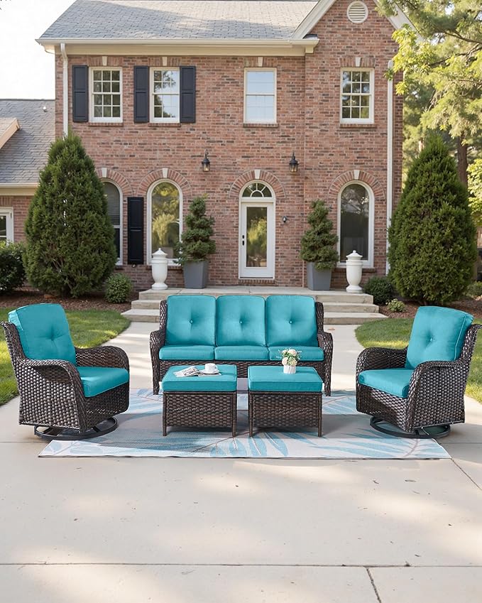 Pop 22x25/22x24 Outdoor Furniture Cushions Set of 6 - Comfortable Patio Chair Cushion for Rattan Wicker Dining Rocking Swivel Chairs Loveseat Couch L-Shape Sectional Sofa - Turquoise/Button