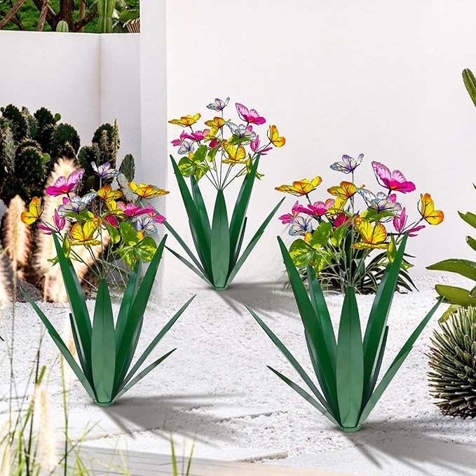 TOMBABY Garden Outdoor Butterfly Enlarge Thickened Wind Resistant Metal Agave Garden Art Metal Plant Country Sculpture Statue Decorations Ornaments Artificial Waterproof Butterflies(Green 2pcs)