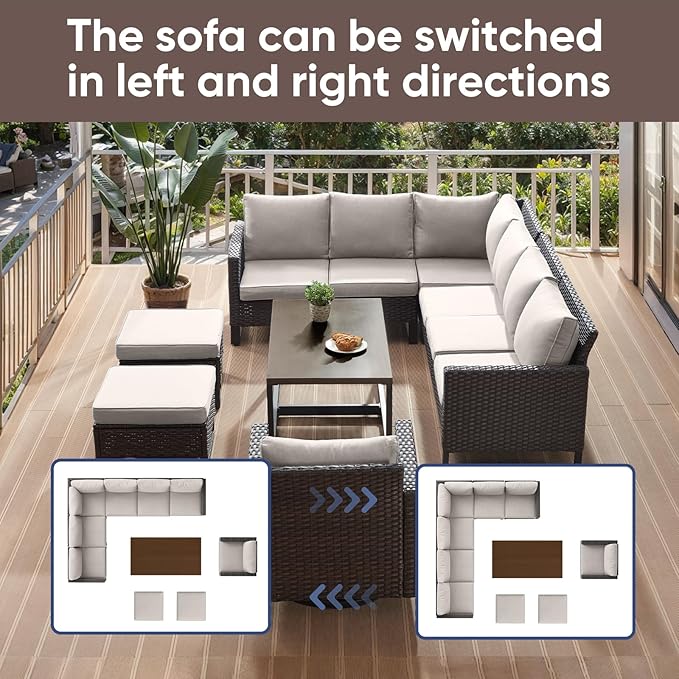 HUMMUH 10 Piece Patio Furniture Set PE Wicker 3 Outdoor Sectional Sofa Set with Patio Chairs Dinning Table Ottomans for Porch,Garden,Backyard,Deck(Brown/Beige)