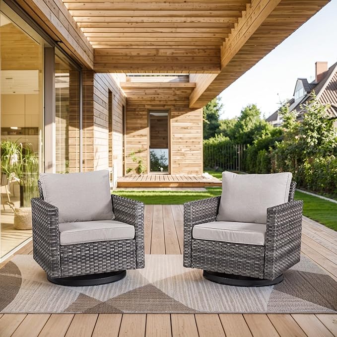 Outdoor Patio Swivel Rocker Chairs - Wicker Patio Swivel Rocking Chairs Set of 2 with Waterproof Wicker,Comfortable Cushions and Sturdy Metal Frame for Outside Porch Deck Backyard(Mixed Grey/Beige)