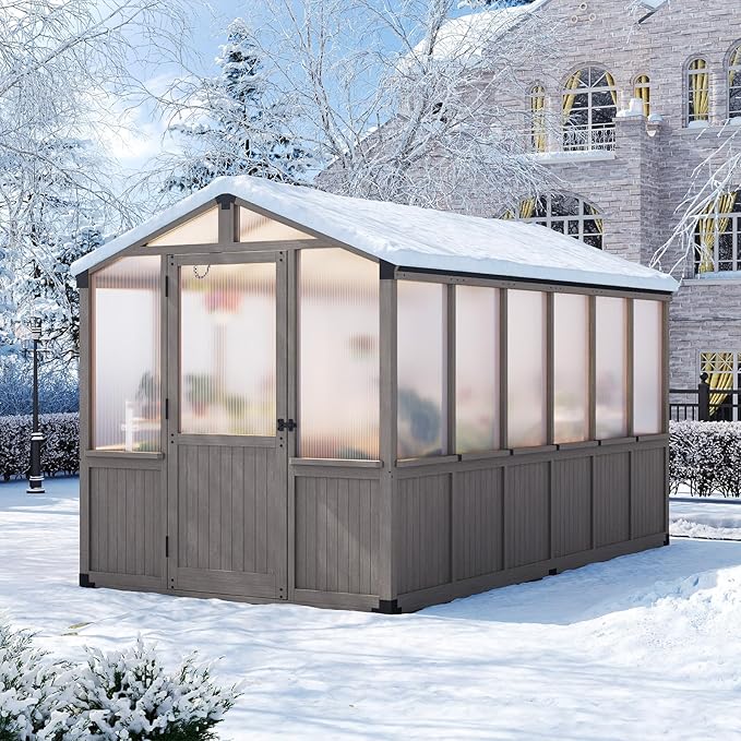 Aoxun 6x12 FT Wood Green House for Outdoors, Polycarbonate Panel Wooden Walk-in Greenhouse Kit with Automatic Temperature Control Roof Vent and Lockable Door, for Outside Backyard Garden, Gray