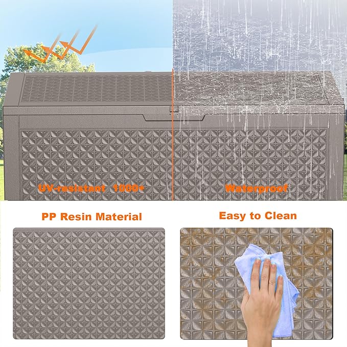 ROJIK Outdoor Storage Housing Deck Box - Waterproof Patio Furniture, Garden Tools, Cushions, Pool Accessories Storage Bench with Lockable Lid and Side Handles (Grey pattern,100 Gal)