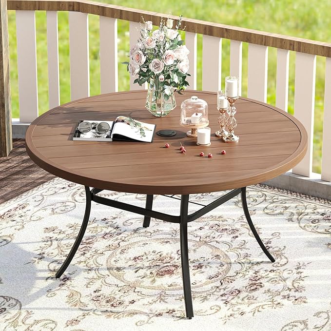 VICLLAX 7 Pieces Patio Dining Set for 6-53" Round Outdoor Table and Swivel Chairs for Lawn Garden, Walnut Tabletop and Mixed Brown Fabric