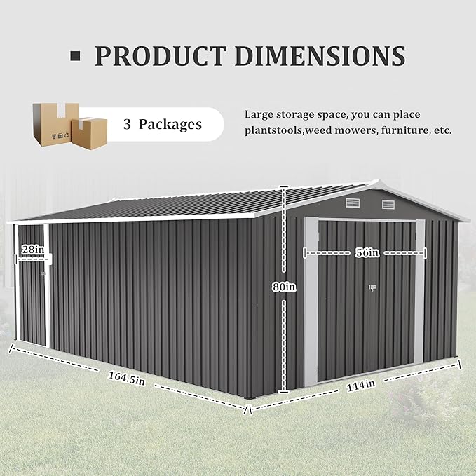 10x14 FT Outdoor Storage Shed, Metal Shed with Floor, Lockable Door & Vents, All-Weather Resin Shed for Garden, Backyard, Patio, Lawn, Dark Gray