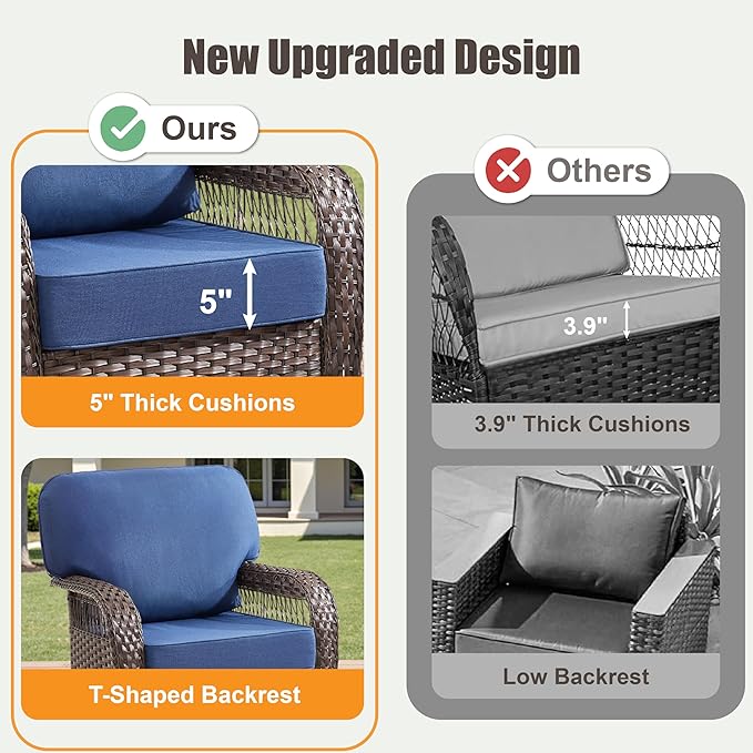 Outdoor Swivel Rocker Chairs - Patio Rocking Chairs Set of 2, Wicker Patio Set with 5" Thick Cushion, Rattan Patio Swivel Rocking Chairs for Porch, Deck, Backyard Blue/Gray