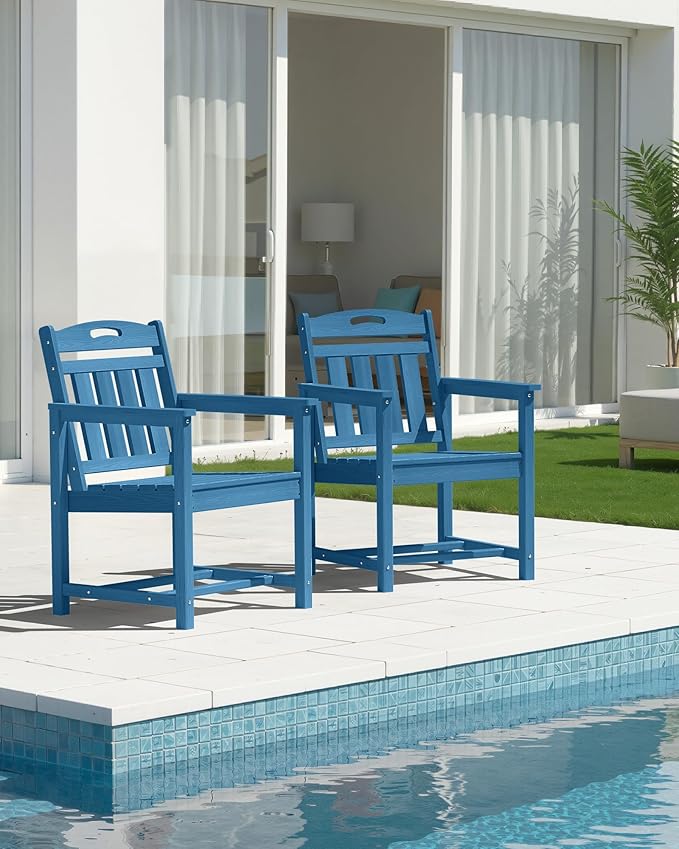 Set of 2 Weatherproof Patio Chairs - HDPE Outdoor Dining Chairs with Wide Seat, Ergonomic Design - for Garden, Backyard, Deck - Navy Blue