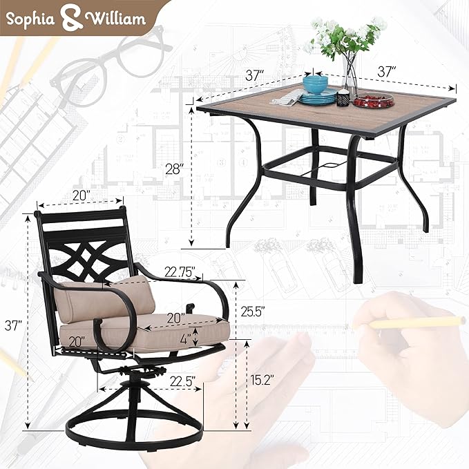 Sophia & William Swivel Patio Dining Set for 4, Outdoor Table and Chairs, Removable Seat Cushions, 37" Black Frame & Wood-Like Tabletop
