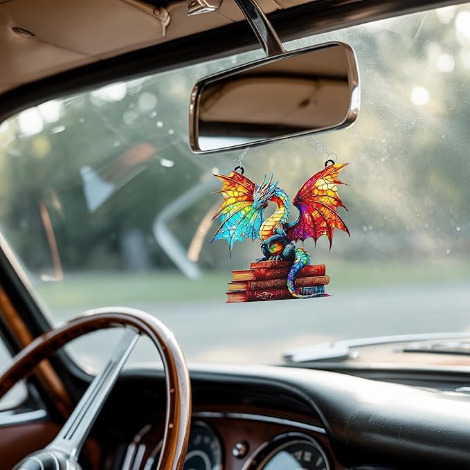 Book Dragon Acrylic Suncatcher Stained Glass Effect Window Car Hanging Christmas Ornament Indoor Outdoor Decor Garden Bookish Sun Catcher Panel for Books Lover for Women Mom Grandma