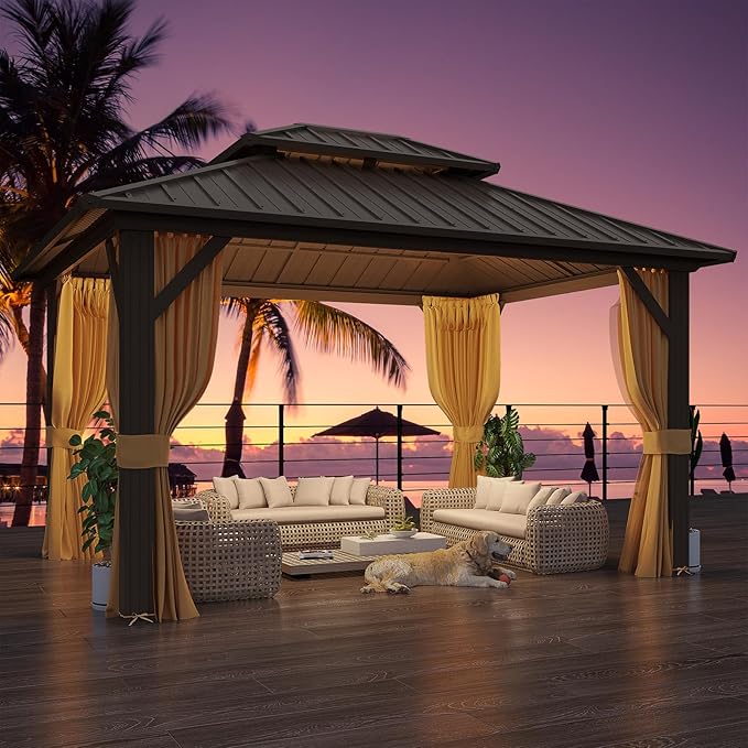 YOLENY 10' x 12' Gazebo Hardtop with Aluminum Frame,Galvanized Steel Double Roof Gazebos with Curtain and Netting,Outdoor Metal Pergolas for Garden, Lawn, Deck, Brown