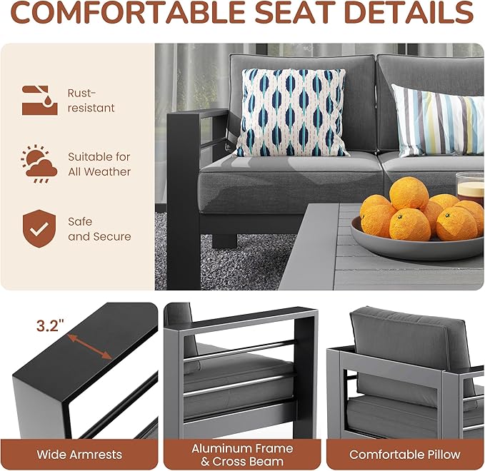 Solaste Aluminum Patio Furniture Set with Fire Pit Table, 7 Seats Metal Outdoor Furniture with Water-Resistant Cushions, Modern Patio Conversation Set for Balcony, Front Porch, and Backyard, Grey