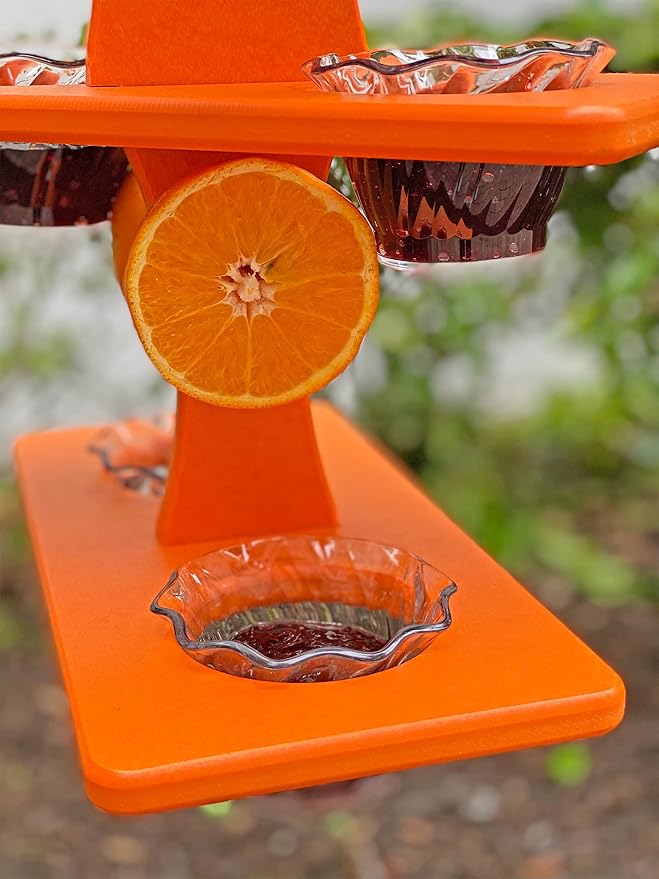 DutchCrafters Plastic Poly Double Platform Hanging Oriole Bird Feeder with Fruit Slice Holders & Nectar Cups, Jelly Bird Feeders for Outside - Amish Made in USA (Triple, Black & Bright Orange)