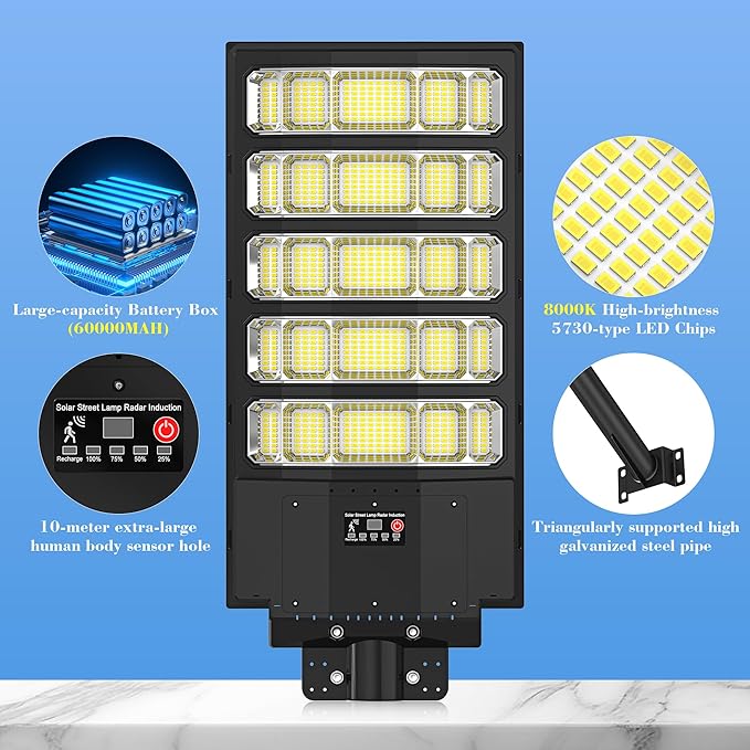10000W Solar Street Light - 8000K Solar Lights Outdoor IP66 Waterproof,350° Wide Angle Dusk to Dawn,Commercial Solar Parking Lot Lights with Motion Sensor & Remote,LED Flood Light for Yard,Pathway