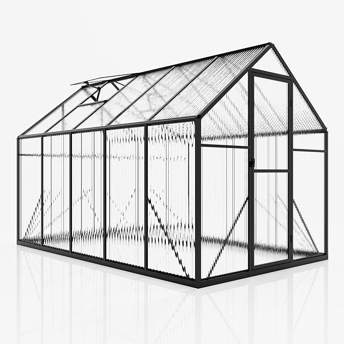 Amerlife 6x10x6.3 FT Outdoor Polycarbonate Greenhouse, Walk-in Aluminum Frame Structure with Dual Windows & Swing Door, Heavy-Duty Garden Building in Black