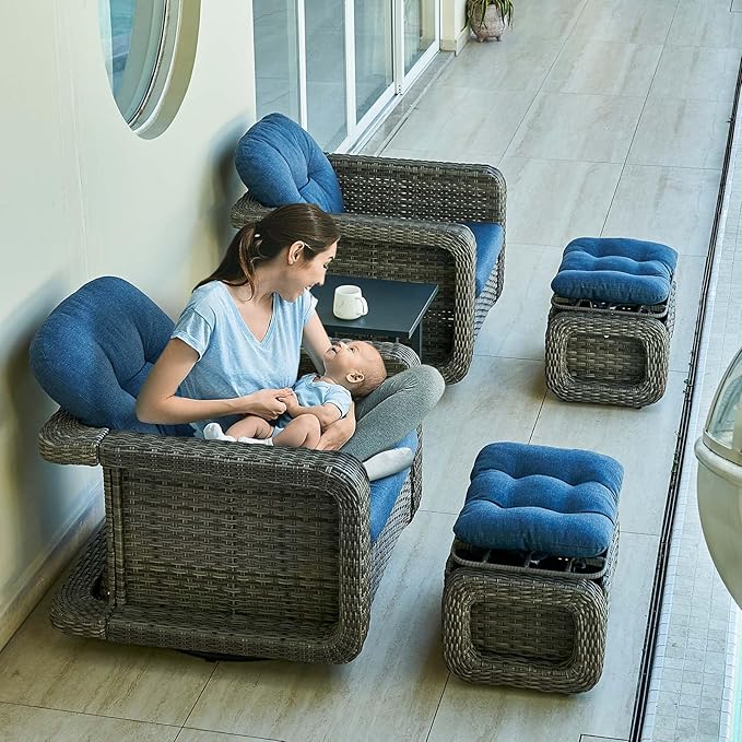 Patio Glider Swivel Rocker Sets: 5piece Patio Furniture Sets, 360° Swivel Rocking Chairs with Ottoman, Rust-Resistant Cushion -Perfect for Backyard/Deck/Porch/Balcony Decors- Gray Wicker,Blue Cushion