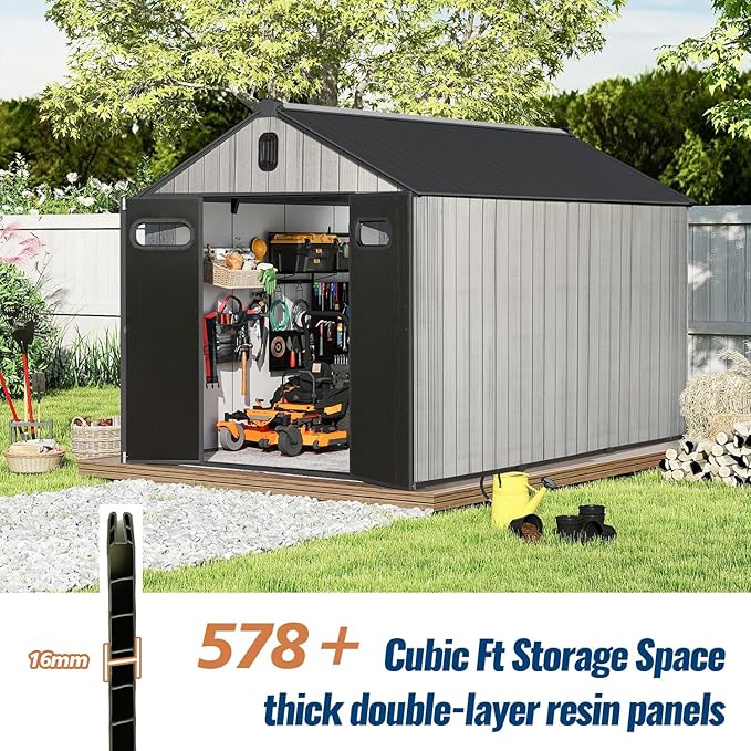 Domi 8×12ft Outdoor Resin Storage Shed - 578+ Cubic Ft Weatherproof Double-Wall Yard Shed with Carpet, Lockable Door and Skylight, Heavy-Duty Steel Frame Storage Building for Lawn Mower, Bike, Tools