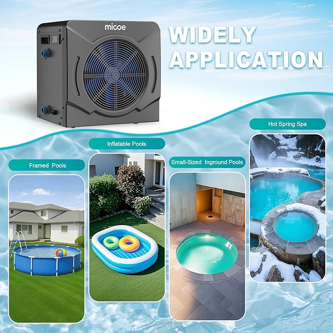 MICOE 17000 BTU Energy Efficient Electric Pool Heat Pump for Above Ground Pools Up to 15ft (8/11/15ft) & 5,000 Gallons, Swimming Pool Heater with Easy Install Kit,110V/120V (17000 BTU Pro)