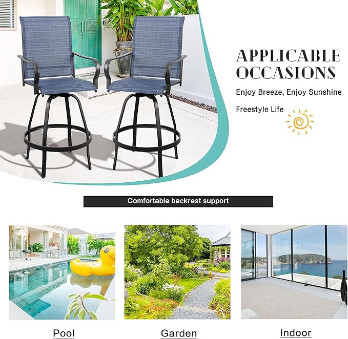 Vongrasig 6 Piece Patio Swivel Bar Chairs, All Weather Metal Textile High Swivel Bar Stools Chairs, Outdoor High Top Bistro Set for Backyard, Lawn Garden, Balcony, Denim Blue