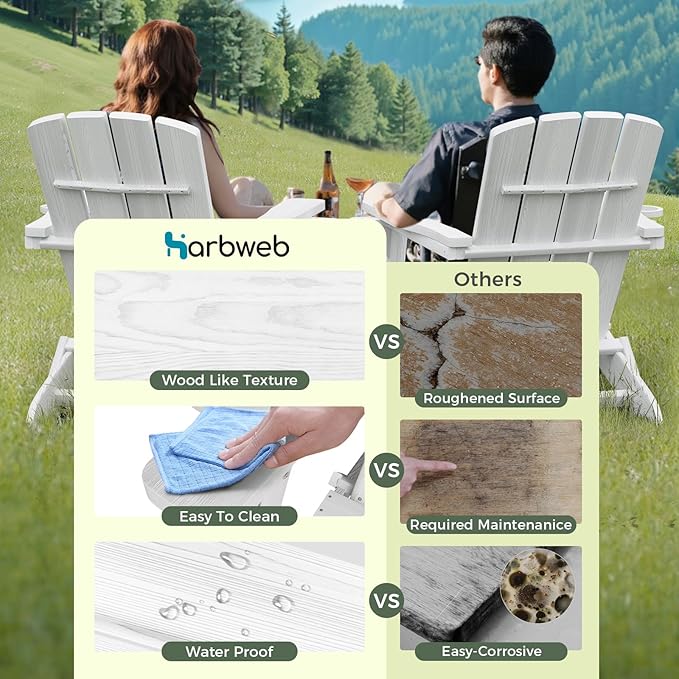 Folding Adirondack Chair with Wood Texture, HDPE All-Weather Fire Pit Chairs, Plastic Adirondack Chairs with 2 Cup Holder, Outdoor Lawn Chair for Patio Garden (White)