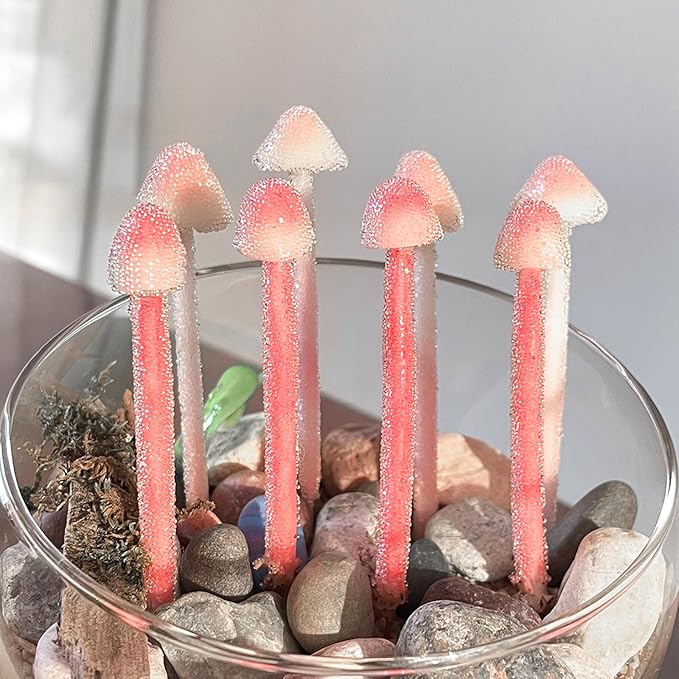 Handmade Glittery Pink Resin Clay Mini Mushrooms - 8Pcs Fairy Garden Decor with Frosted Beads, Miniature Terrarium Ornaments & Desk Plant Accessories Holiday Ornaments & Desktop Decorations
